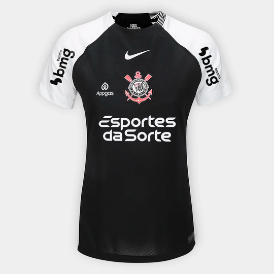 Camisa Feminina Corinthians 25/26 Away Nike Torcedor Com Patrocínios - Preta